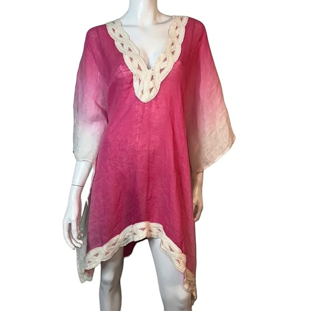 Soft Surroundings Pink Ombre Linen Crochet Lace Kaftan Tunic Top 29023 L/XL